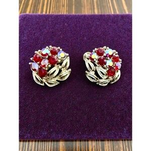 Vintage Signed Lisner Cherry Red AB Crystal Leaf Screw Back Earrings Gold Tone